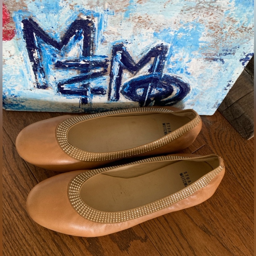Stuart Weitzman Cognac Leather Ballet Flex Flats Studs Slip-On Sz 8.5M Y276354